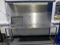 Stainless steel 2200mm x 560mm x 900mm work table with splashback panel and overhead lighting