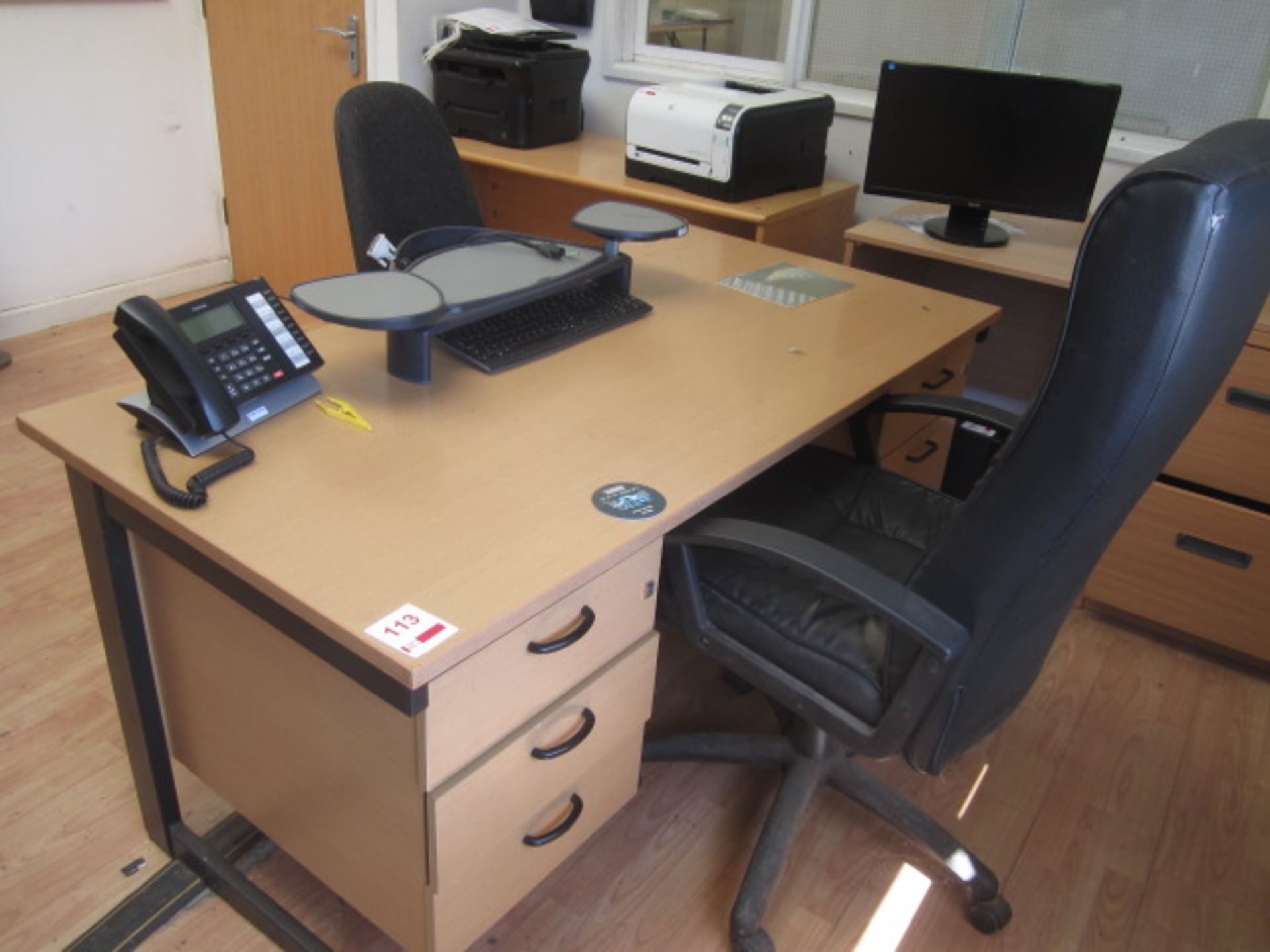 Three light wood desks, black leather effect swivel armchair and black cloth upholstered swivel - Image 2 of 3