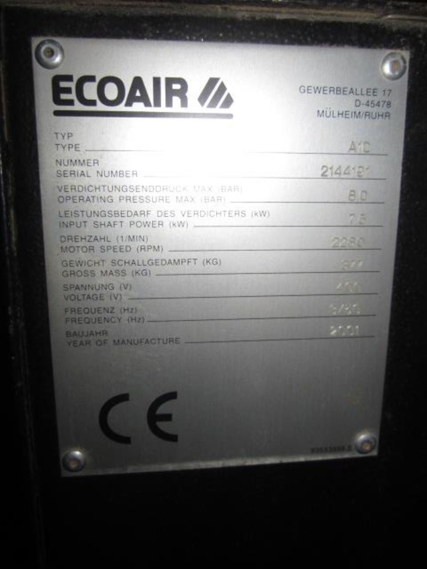 Eco Air A10 packaged air compressor mounted on air receiver, serial no: 214491 (2001), max bar 8. - Image 5 of 6