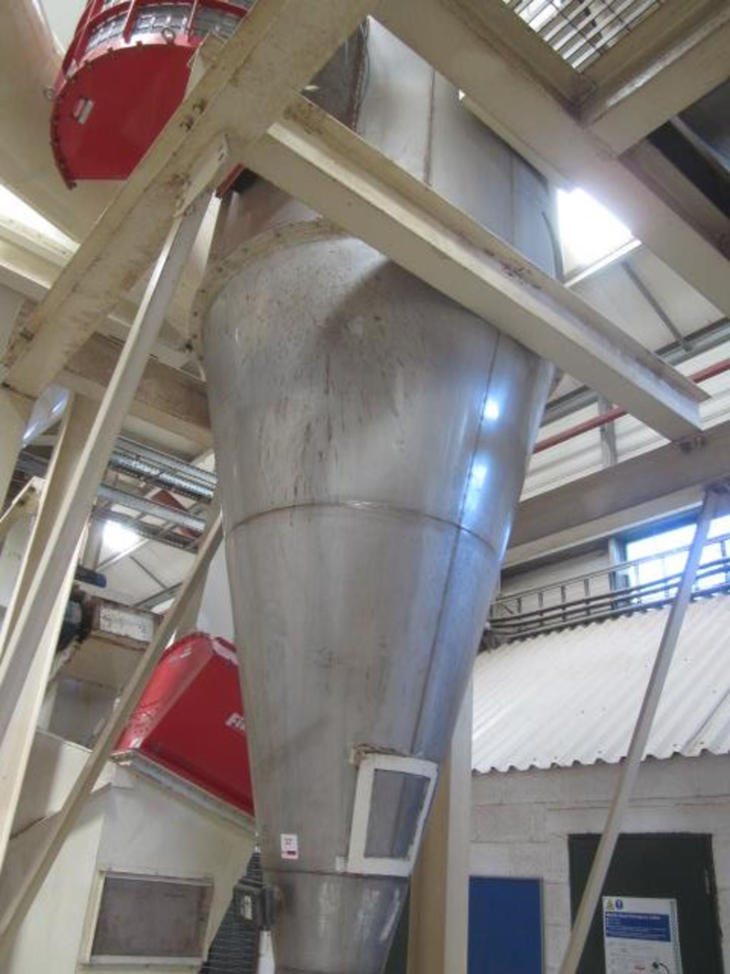 Unnamed cyclone, approx. 4m height x 1500mm dia, with Fike Flame Quench 11 explosion isolation vent,