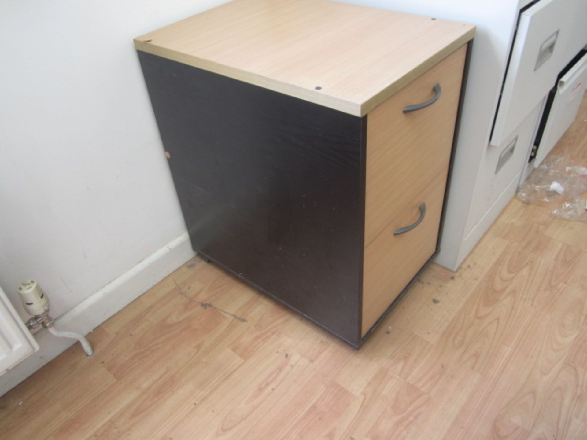 Two light wood office desks, two black leather effect swivel armchairs, light wood 2-drawer - Image 2 of 2