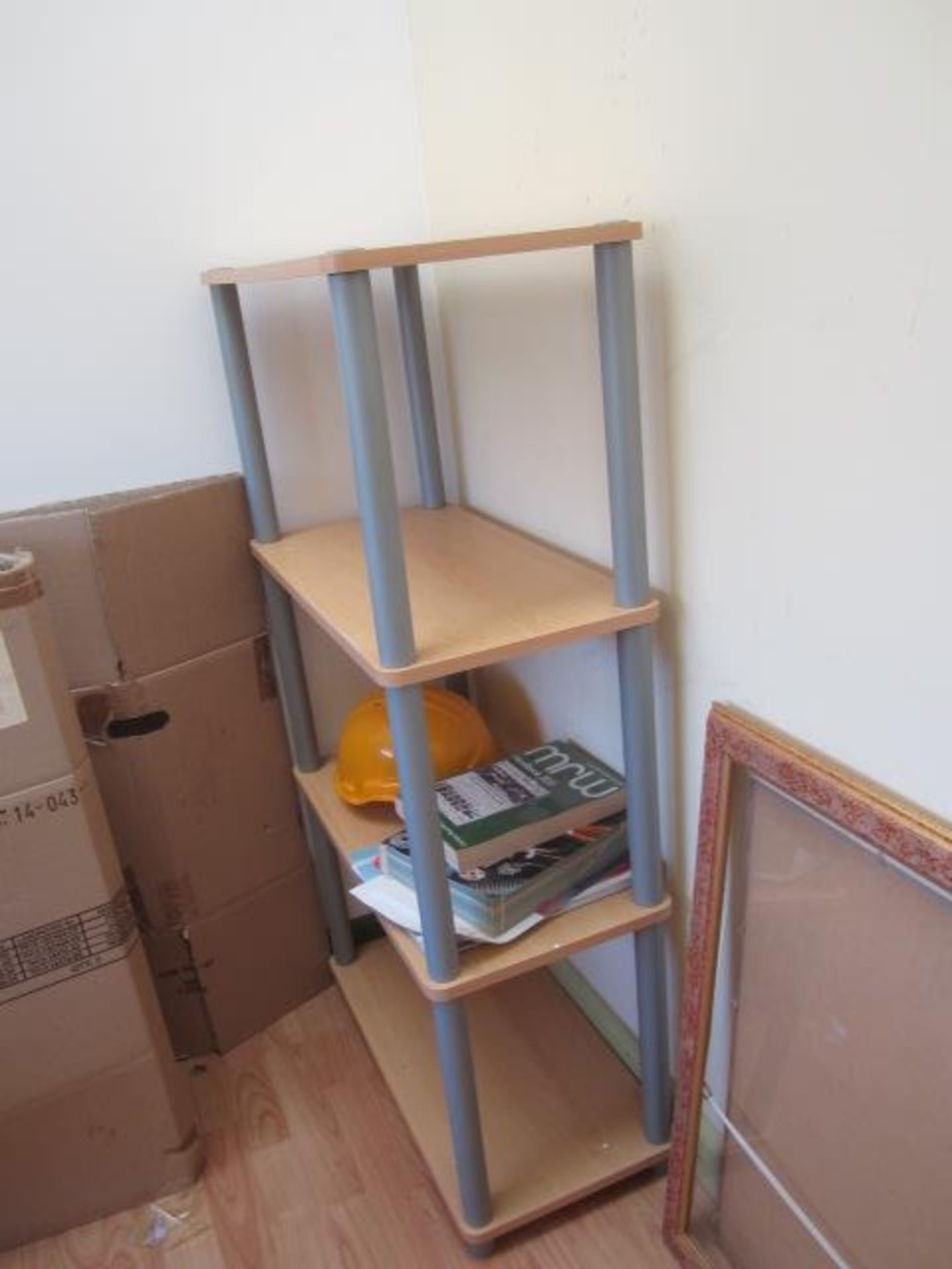 Light wood desk, two light wood blue cloth upholstered static armchairs, blue cloth upholstered - Image 2 of 3