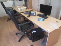 Two light wood office desks, two black leather effect swivel armchairs, light wood 2-drawer