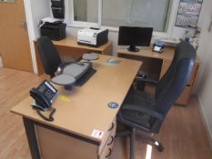 Three light wood desks, black leather effect swivel armchair and black cloth upholstered swivel