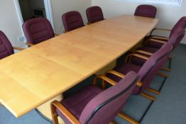 Light oak effect two section boardroom table, approx 3500x1200mm, and ten purple cloth upholstered