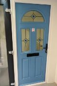 Blue timber effect triple glass pane UPVC door, approx 855 x 2080mm with keys (Please note: purchase