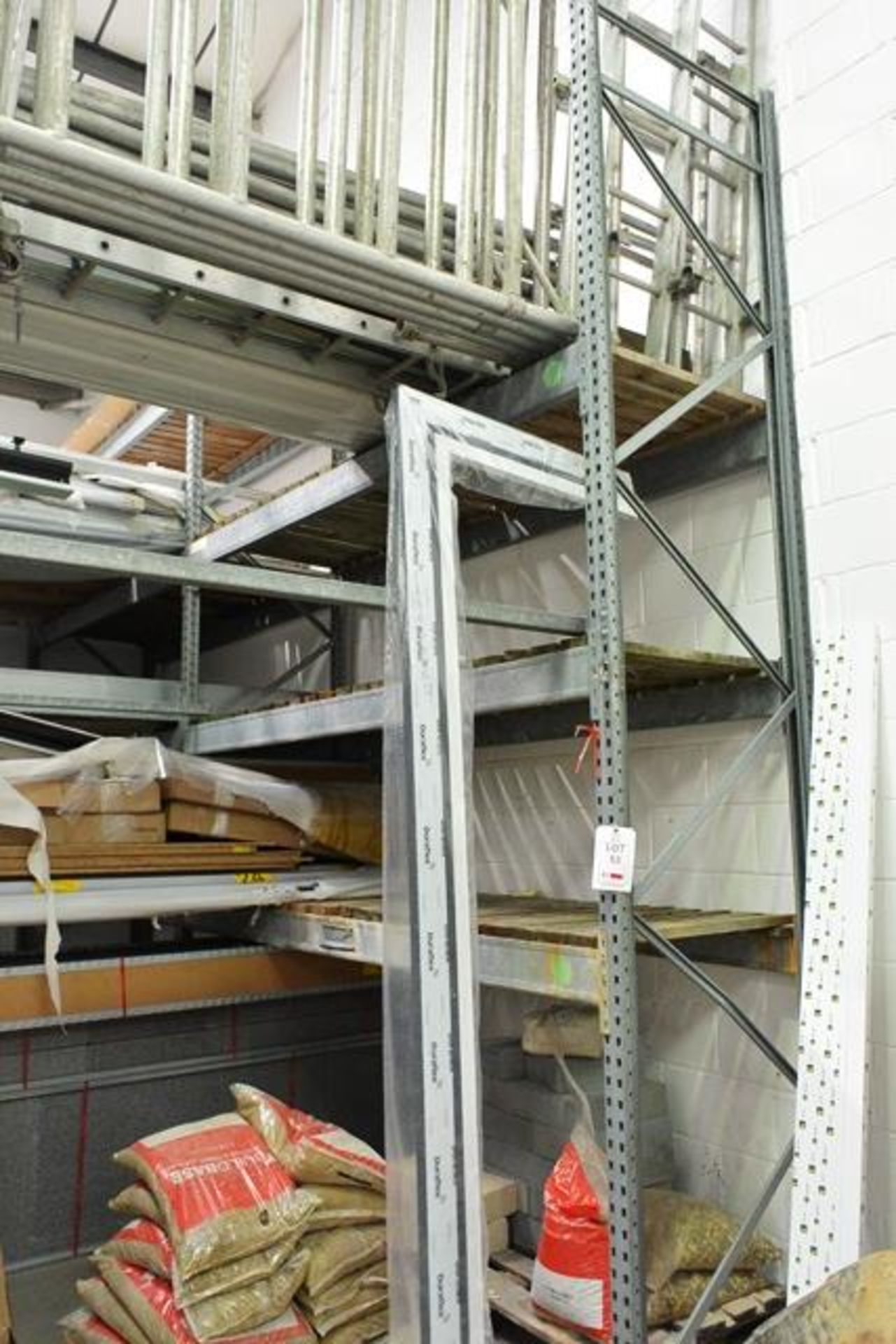 Two bays of galvanised steel adjustable boltless pallet racking, approx 2800mm width per bay, approx