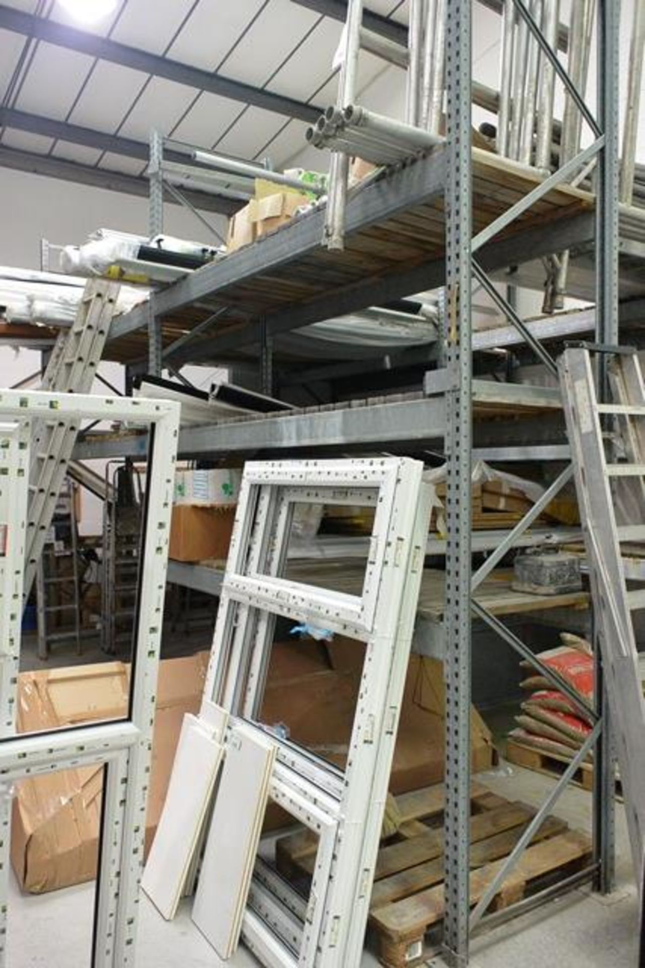 Two bays of galvanised steel adjustable boltless pallet racking, approx 2800mm width per bay, approx