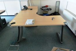 Light oak effect L shape desk, with extension, approx 1600x2400mm total dimensions, and two