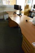 Two black steel frame/light oak effect office desks, approx 1800x1000mm, and three various