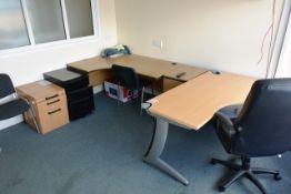 Two light oak effect L shape office desks, two light oak effect 3 drawer pedestal, one black 3