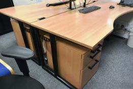 Two black steel frame light oak effect office desks, with two matching 3 drawer pedestal units (