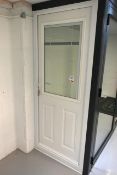 White timber effect, single glass pane UPCV door, with built in blind, approx dimensions 855 x