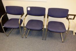 Three chrome effect/blue cloth upholstered chairs (please note: This lot is located at the Swindon