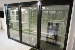 Grey UPVC double glazed, bi-fold triple pane door unit, overall approx dimensions 3570 x 2150mm (