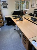 Three various light oak veneer desks complete with 3 x 3-drawer pedestals (please note: This lot