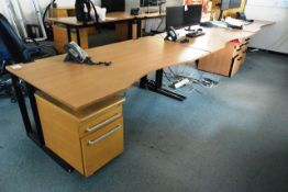 Three black steel frame/light oak effect office desks, approx 1800x1000mm, and three various