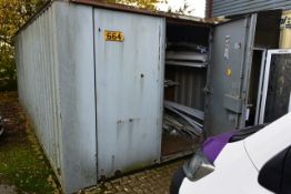 Steel, twin door storage container, approx 20 x 9ft, with internal steel racking (please note: