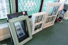 Five various UPVC window frames, incl. two sash type windows, approx sizes 820x605, 905x600,