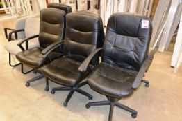 Six black leather effect office swivel chairs and three grey cloth upholstered chairs (please