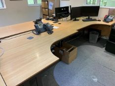 Two light oak veneer radial desks complete with 1 x steel 3-drawer pedestal (please note: This lot