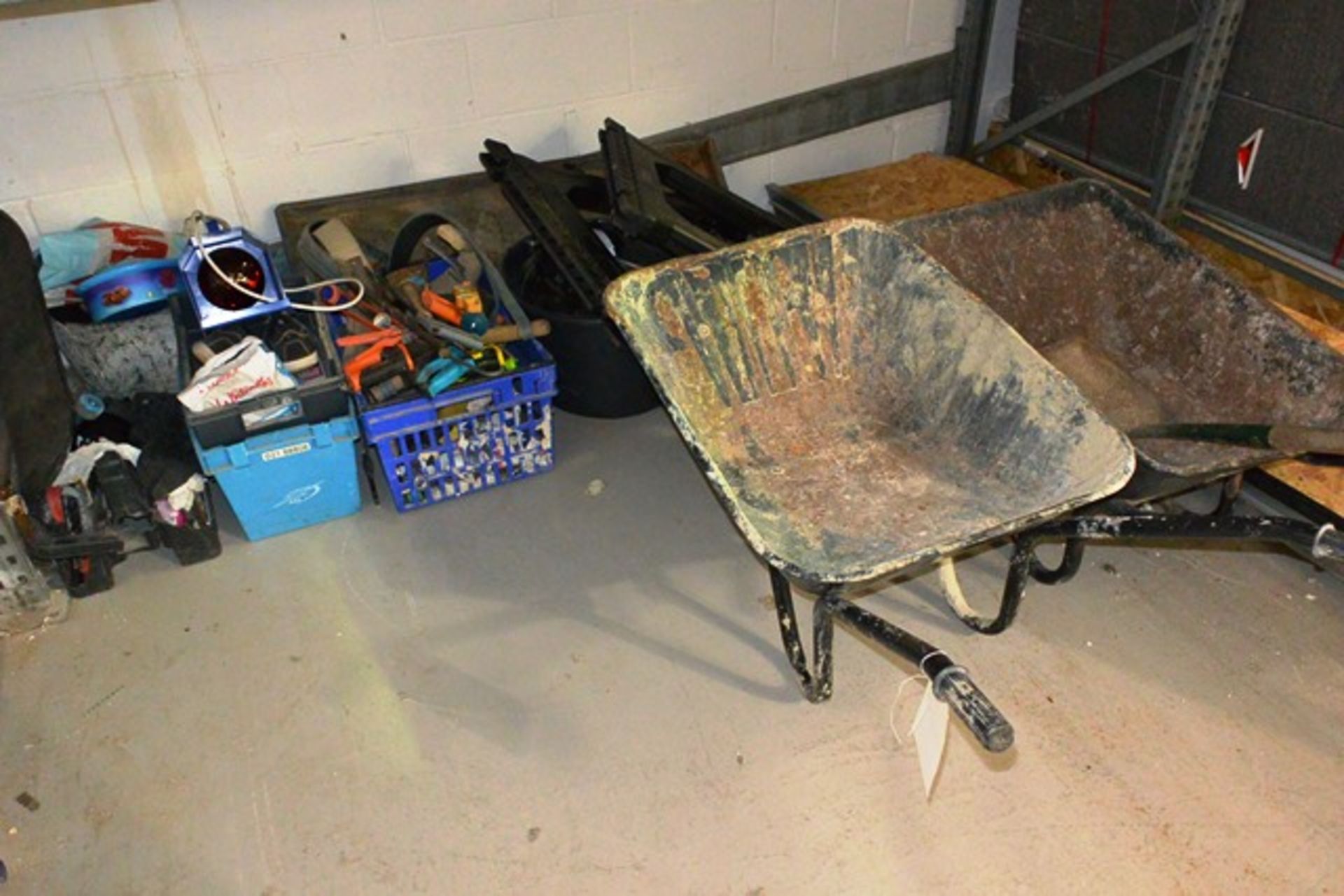 Assorted hand tools, trestles, two wheelbarrows, etc. (please note: This lot is located at the