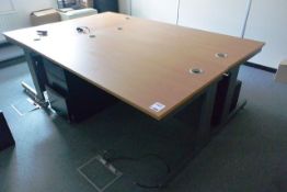 Three steel frame, light oak effect rectangular office desks, approx 1600x800mm and three various