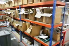 Three bays of adjustable boltless stores racking, approx height 2000mm, approx width per bay 1850mm,