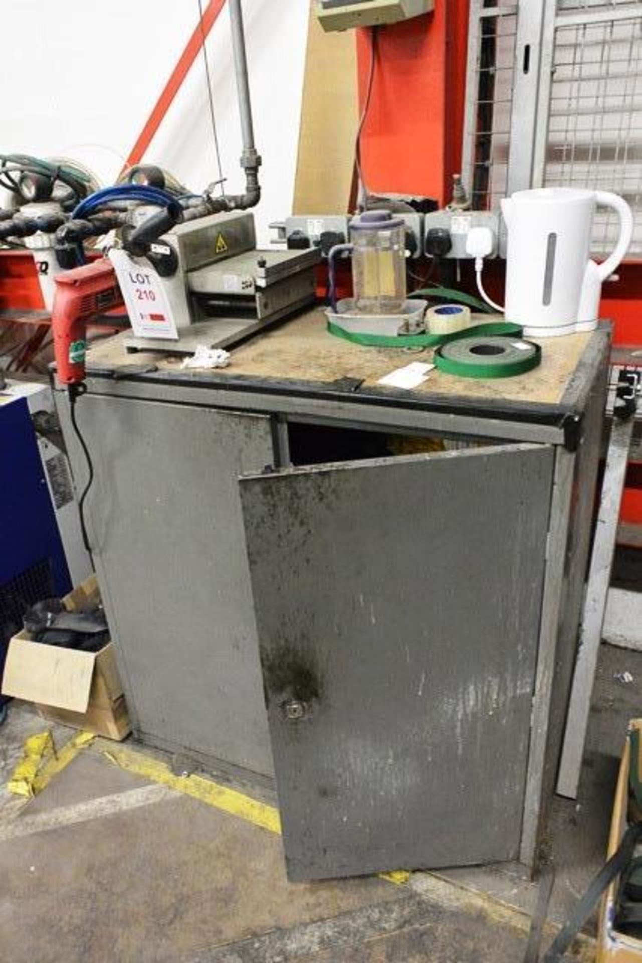 Steel frame 2 door cupboard and 240v roller/drill unit (out of commission, sold as spares/repairs