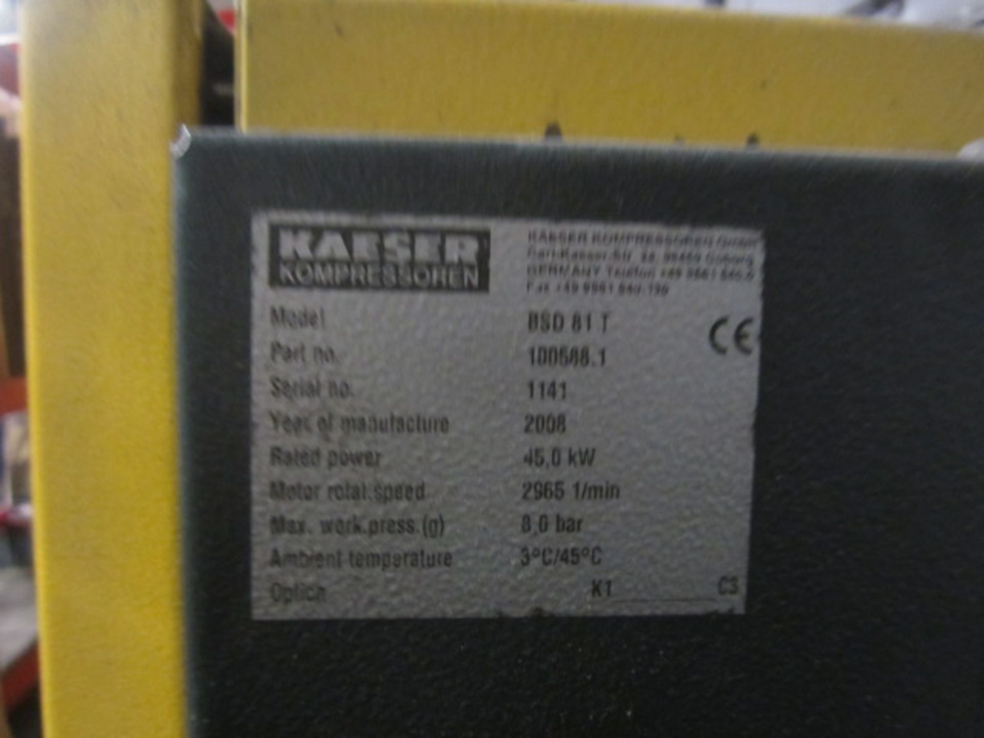 Kaeser HPC BSD 81T Sigma packaged air compressor, serial no. 1141 (2008), max work pressure 8.0 bar, - Image 3 of 5