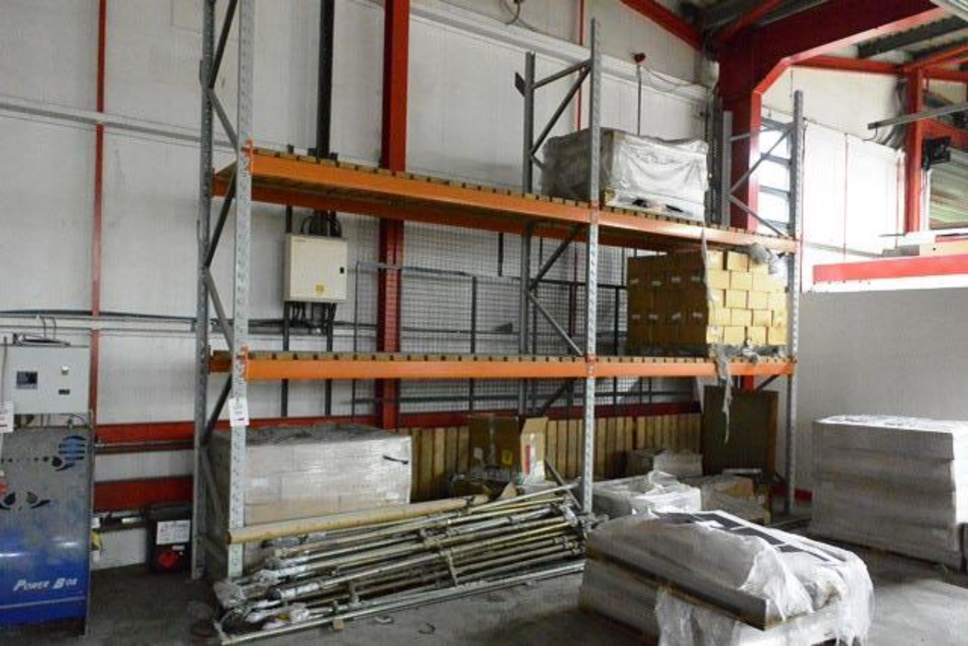 Two bays of adjustable boltless pallet racking, approx height 4200mm, approx width per bay 2800mm,