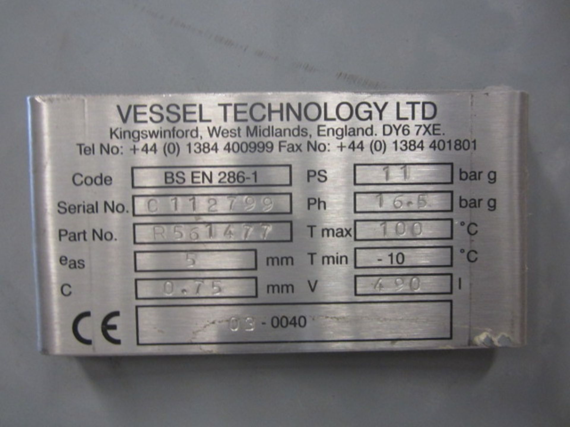 Vessel Technology Ltd vertical air receiver, serial no. C112799, capacity 490 litres (Please note: - Image 2 of 2