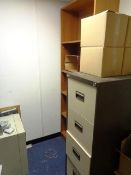 Contents of store room to include Royale 4-drawer filing cabinet, 5-shelf bookcase, Chubb key