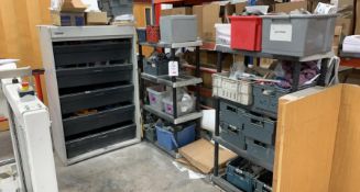 Flexiform steel frame/tambor fronted storage cabinet, two bays plastic stores racking and