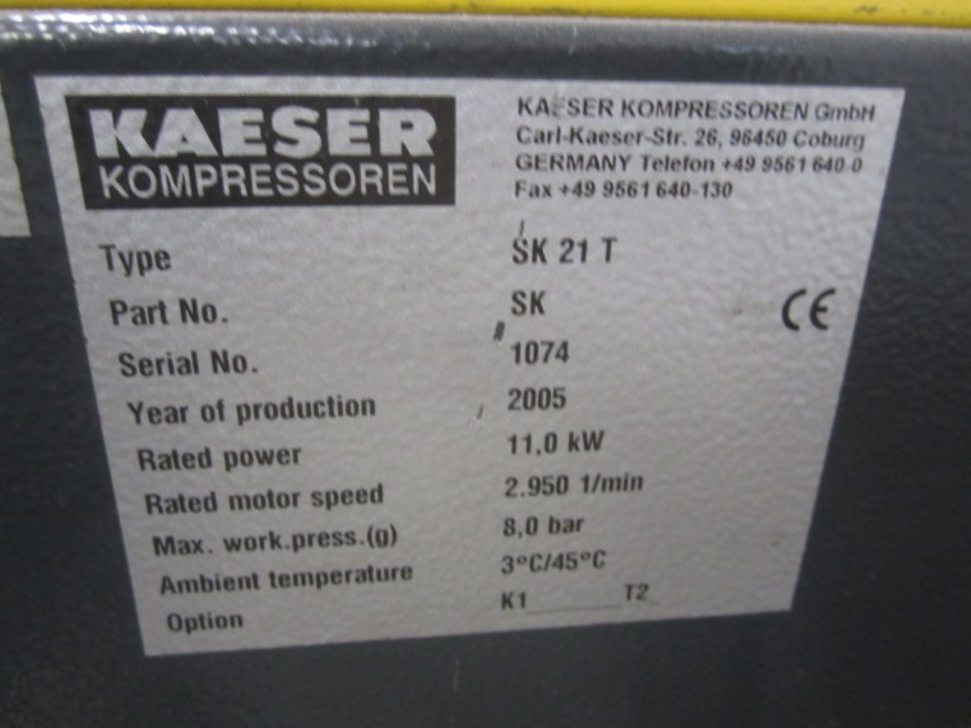 HPC Plusair SK 21T packaged air compressor, type SK21T, serial no. 1074 (2005), 8.0 bar, run hours - Image 3 of 4
