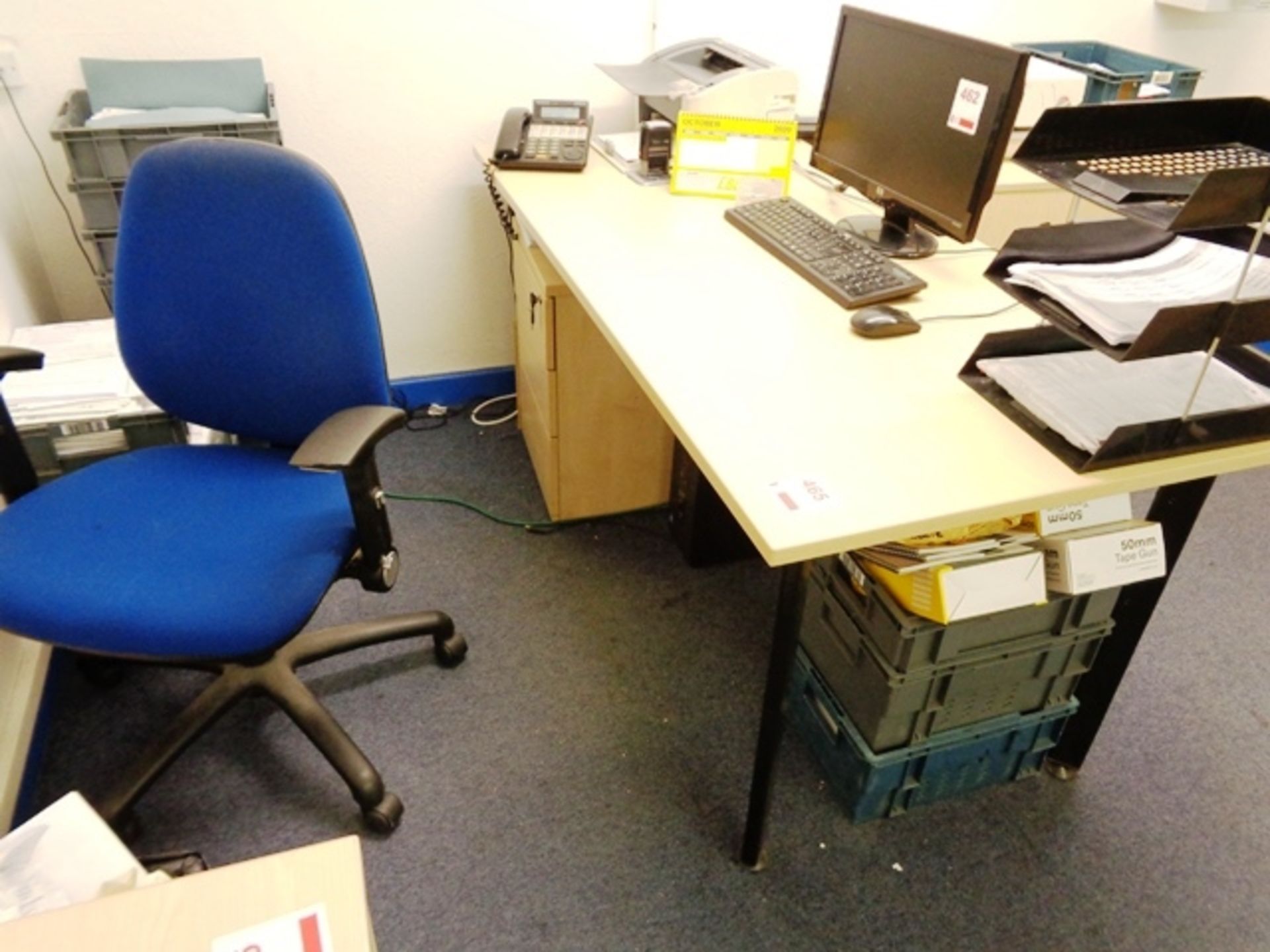 Two light wood office desks, two blue cloth upholstered chairs, two light wood 3-drawer pedestals