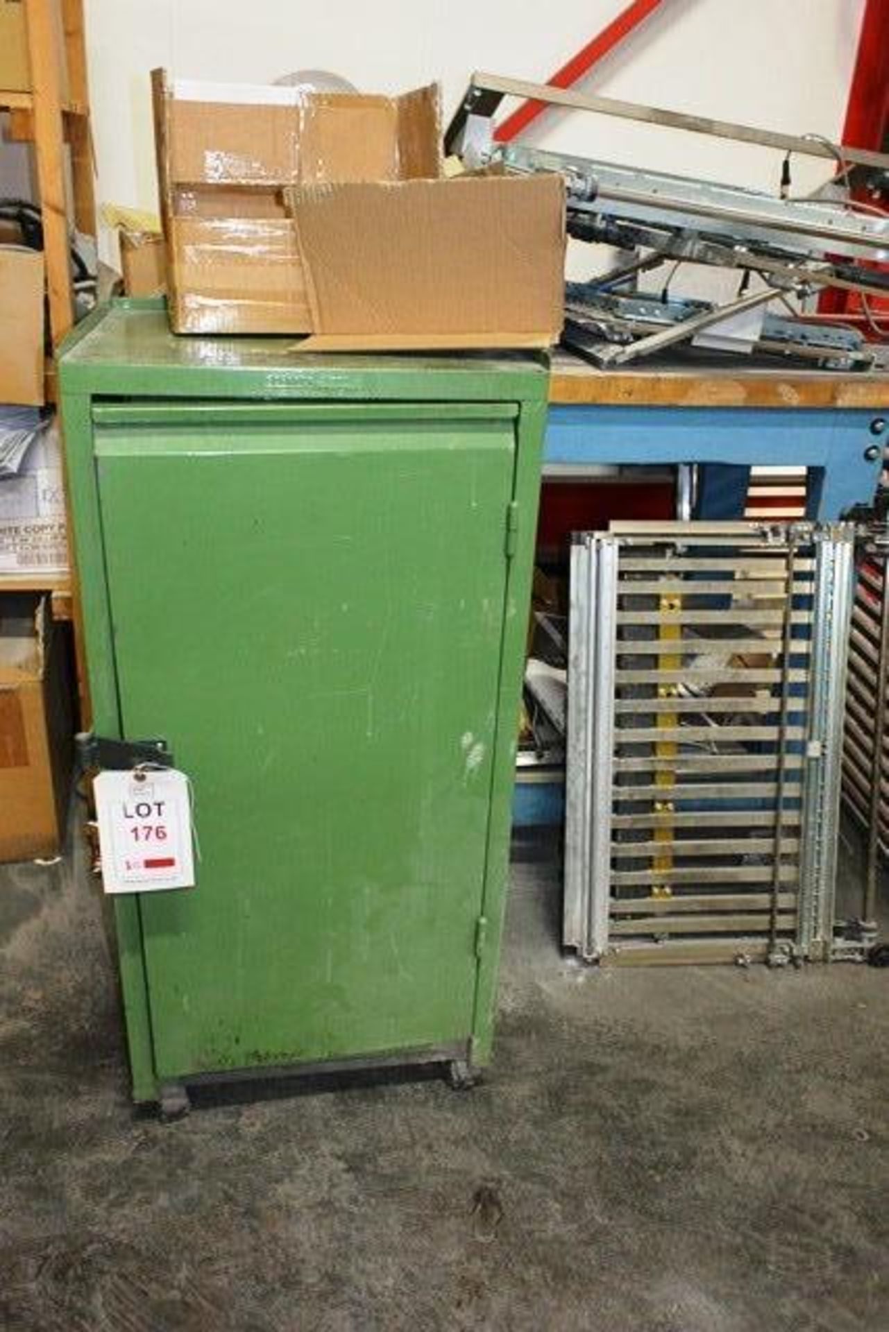 Schafer steel frame single door mobile cabinet and timber frame mobile table, approx 1000x1600mm (