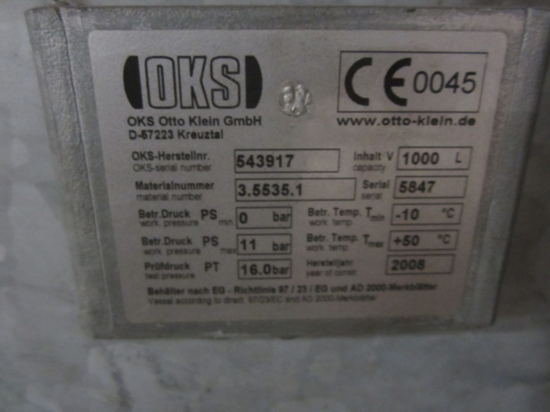 OKS vertical air receiver tank, capacity 1000 litres, serial no. 5847 (2008) (Please note: A work - Image 2 of 2