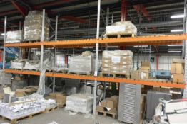 Three bays of adjustable boltless pallet racking, approx height 4200mm, approx width per bay 2800mm,