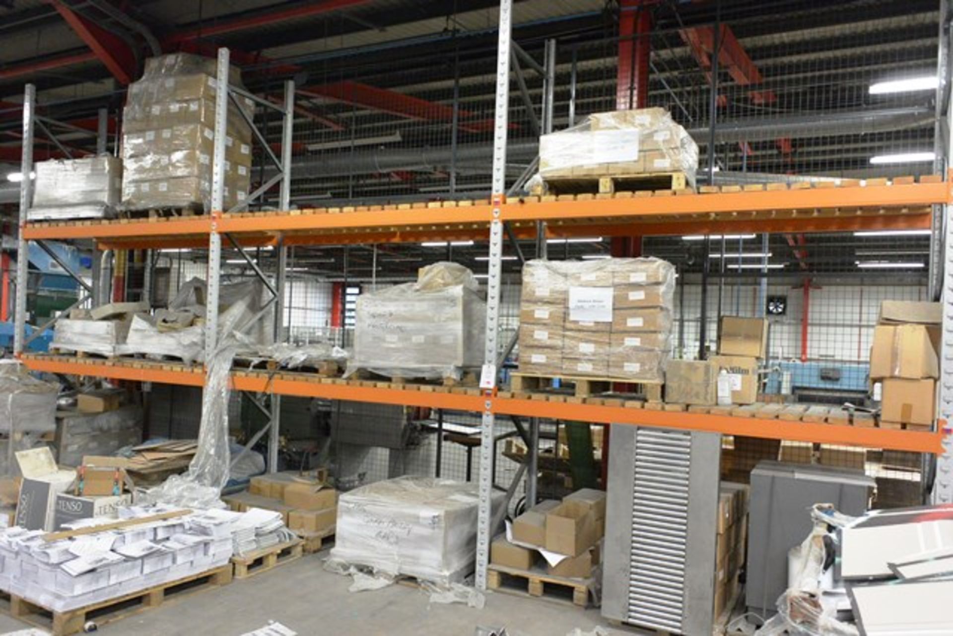 Three bays of adjustable boltless pallet racking, approx height 4200mm, approx width per bay 2800mm,