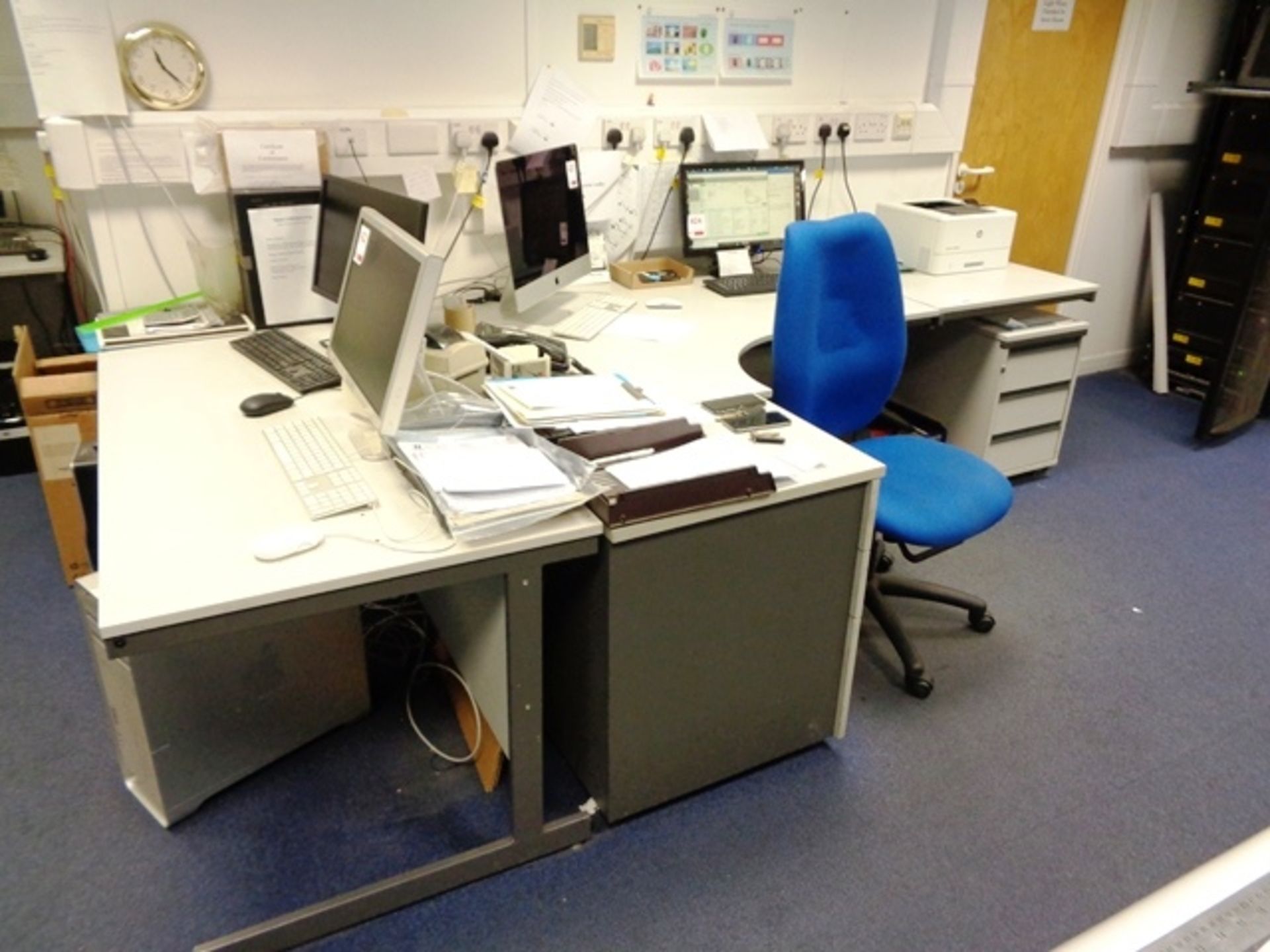 Grey laminate L shaped office desk, grey laminate single table, two grey laminate 3-drawer pedestals