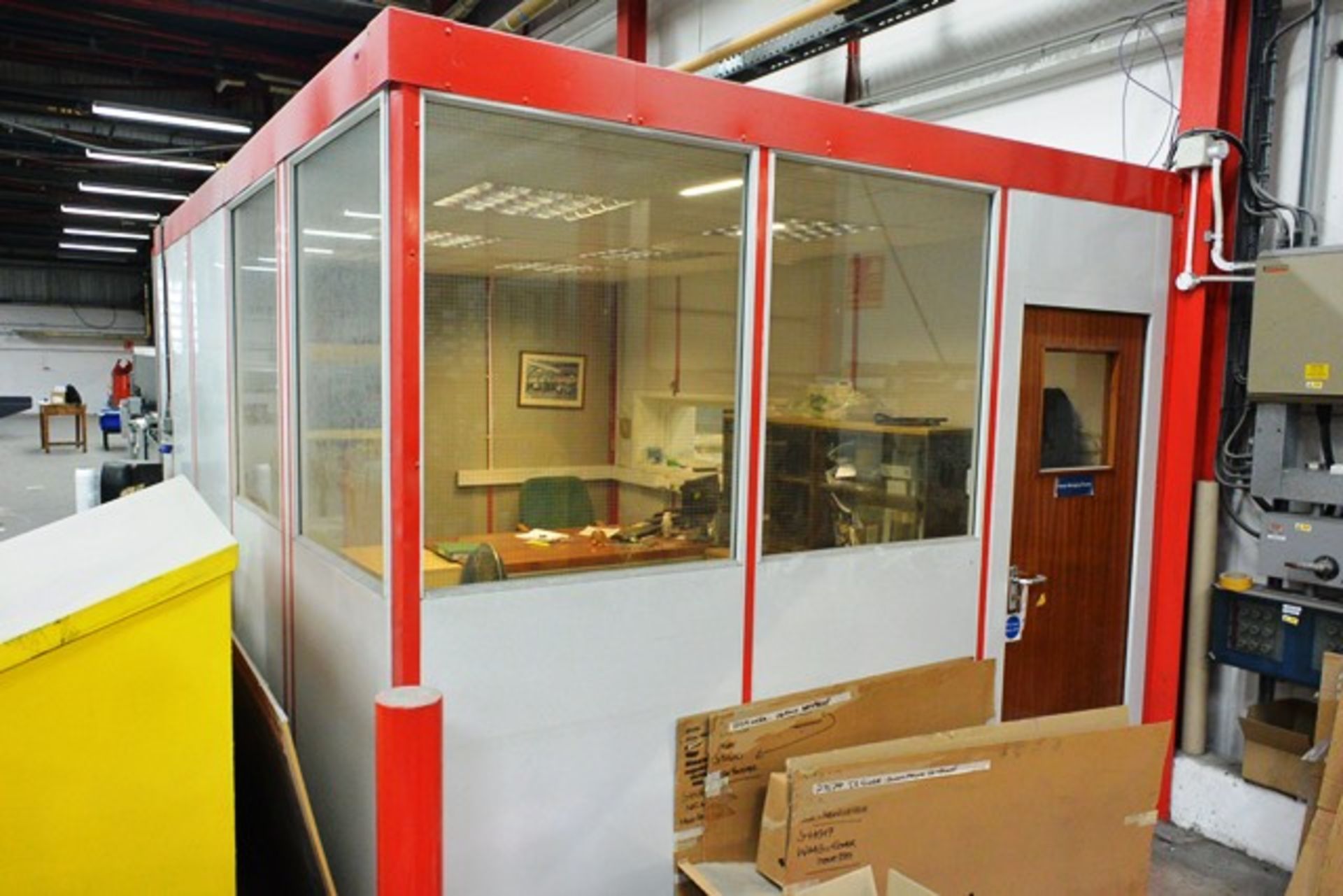 Steel frame, partially glazed internal office structure, approx dimensions W 3000 x L 4000 x H