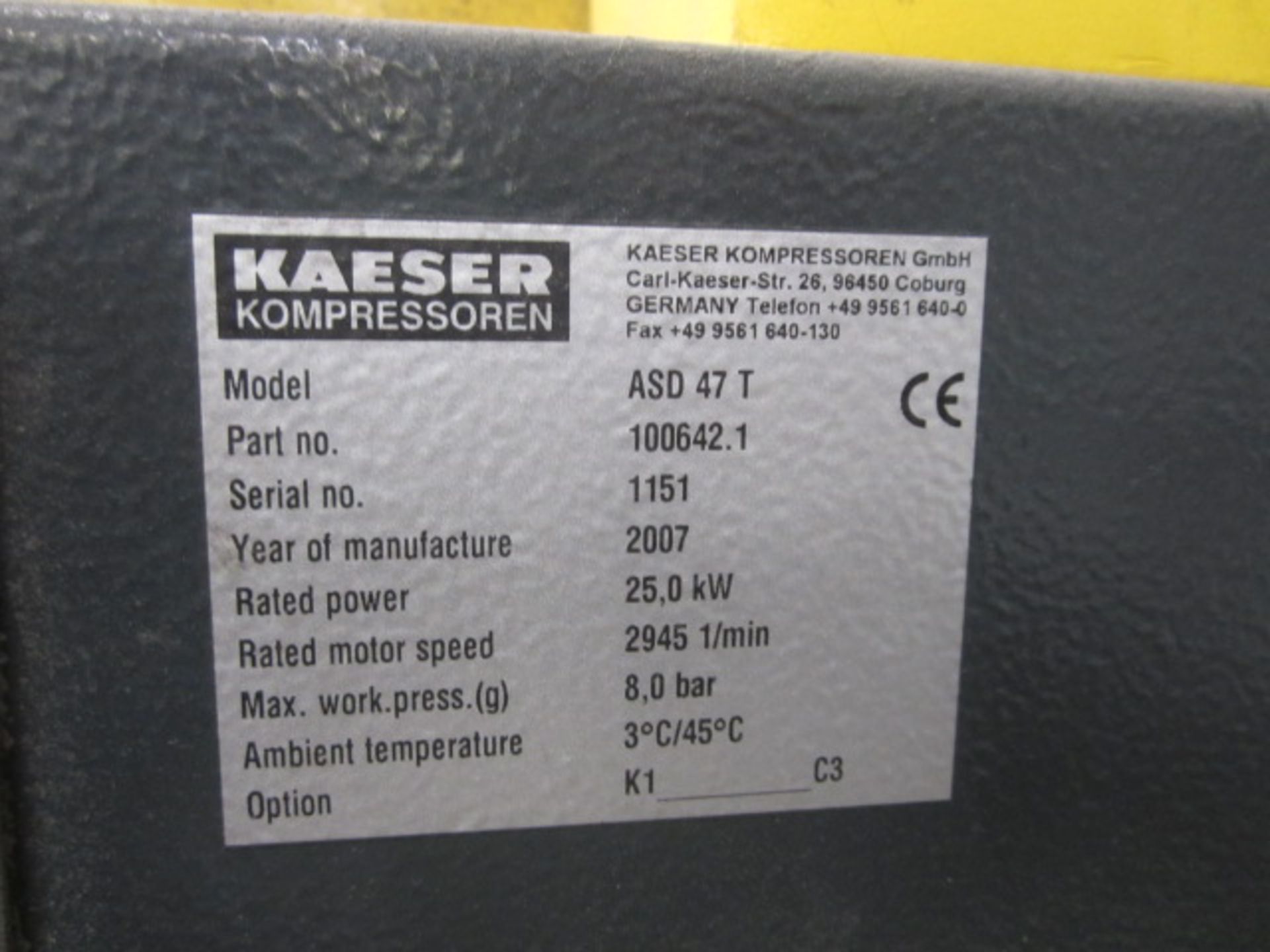 Kaeser HPC ASD 47T package air compressor, model ASD47T, serial no. 1151 (2007), 8.0 bar, run - Image 4 of 4