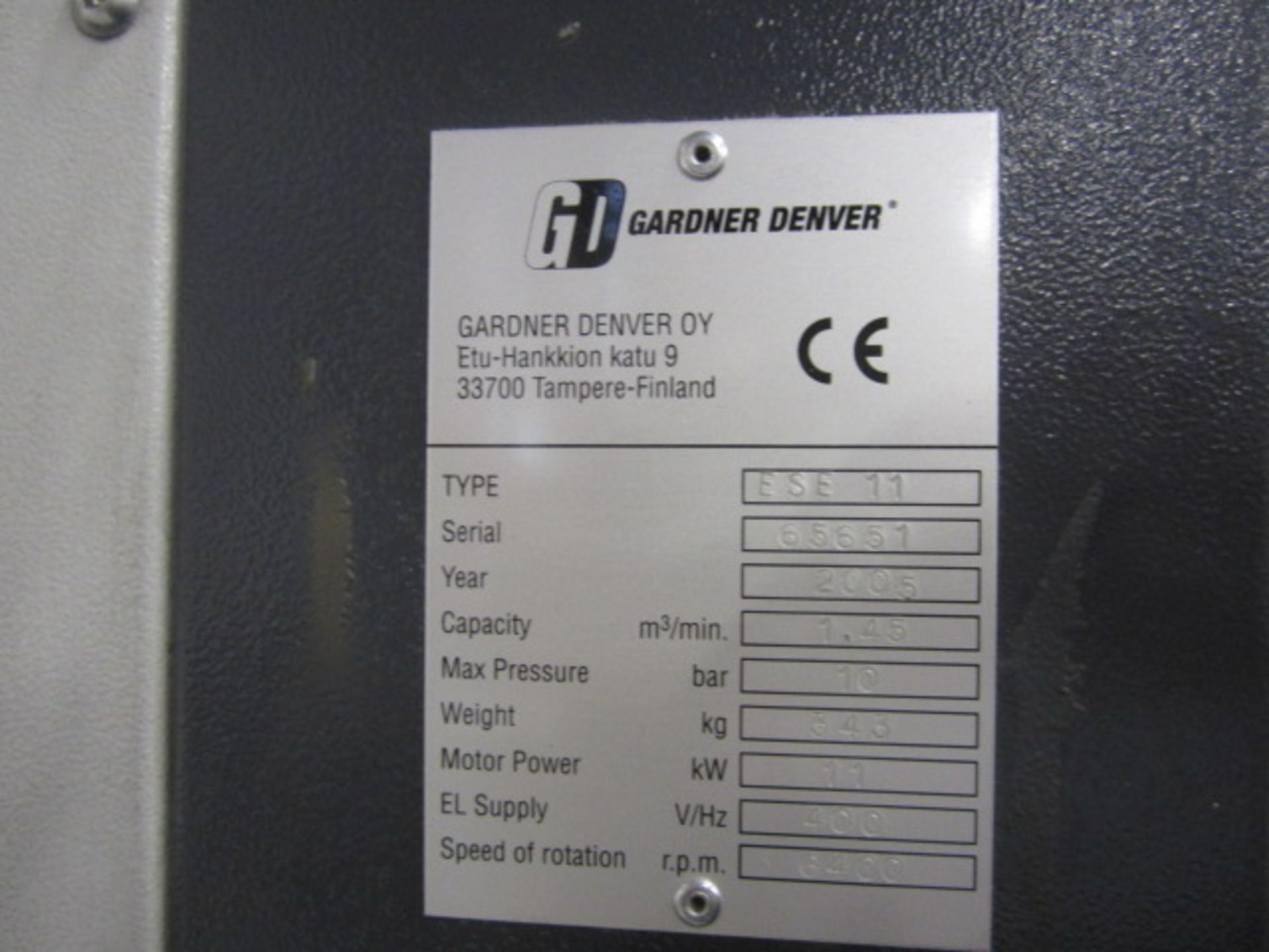 Gardner Denver type ESE11 receiver mounted air compressor, serial no. 65661 (2005), max pressure - Image 3 of 6