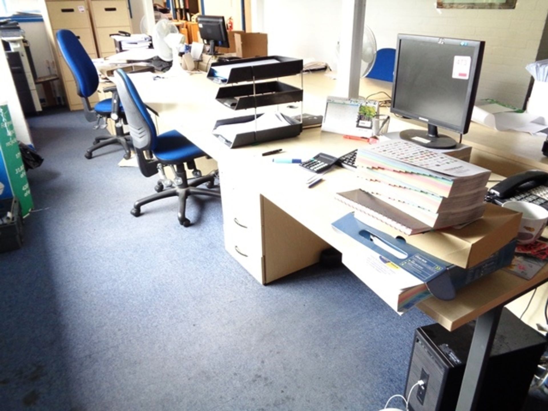 Three light wood office tables, three matching 3-drawer pedestals, two blue cloth upholstered chairs