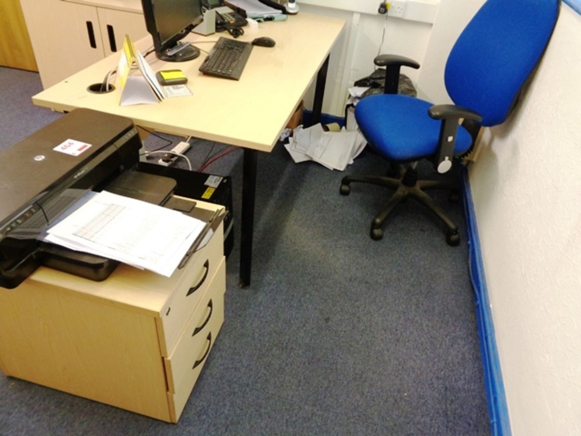 Two light wood office desks, two blue cloth upholstered chairs, two light wood 3-drawer pedestals - Image 2 of 2