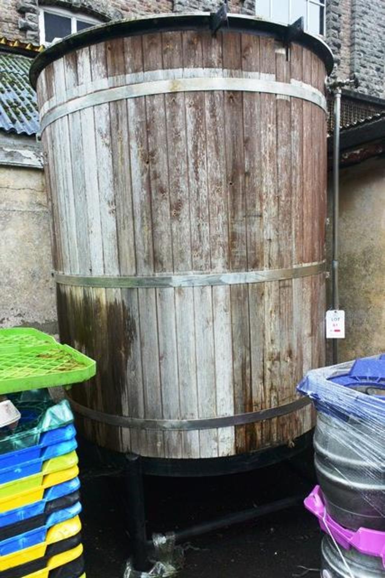 Cylindrical stainless steel timber clad liquor tank, approx 2.7 x 1.8m dia (Please note: A work