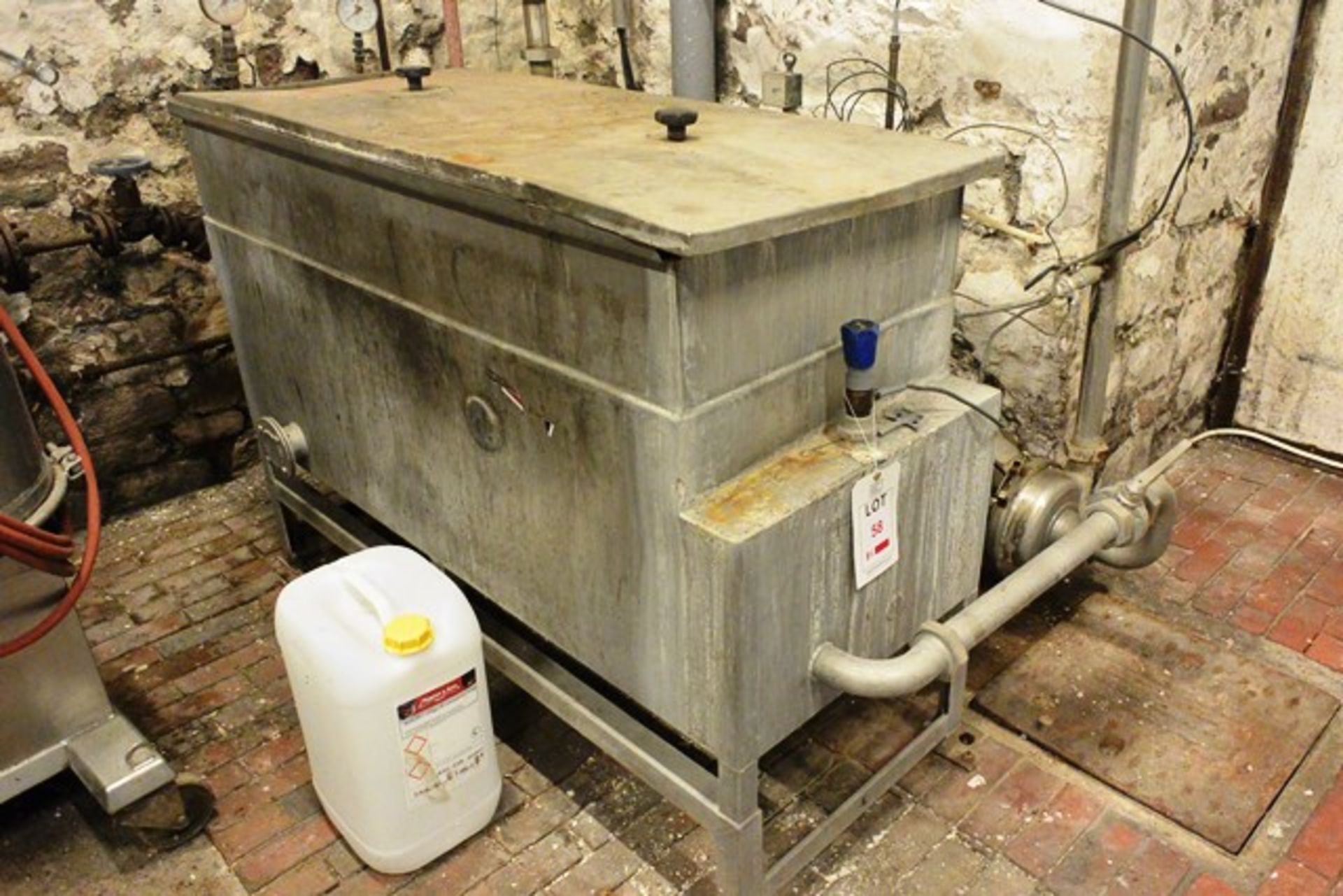 Stainless steel rectangular liquid holding tank with two heating elements, approx 1500 x 580 x