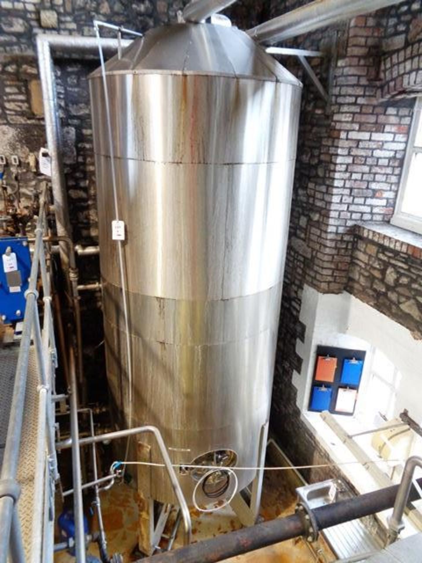 Stainless steel framed jacketed 40 barrel hot liquor tank, 2000mm dia x 4200mm height (5150mm to