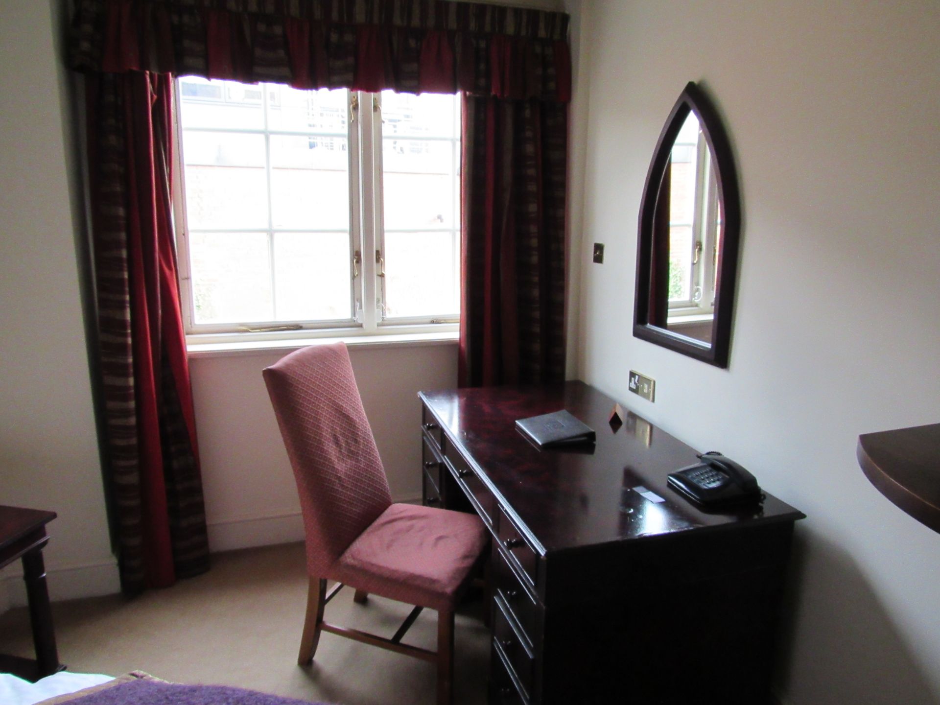 Contents to room 314 including bed base, desk, chair, arm chair, 3 small tables, art work, curtains, - Image 3 of 6